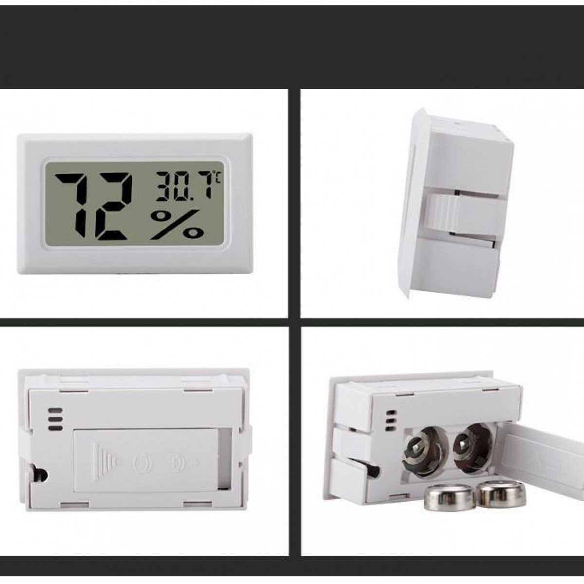 Ein weißes digitales Thermometer, das 72% und 30,7 Grad anzeigt. Batterien sind sichtbar.