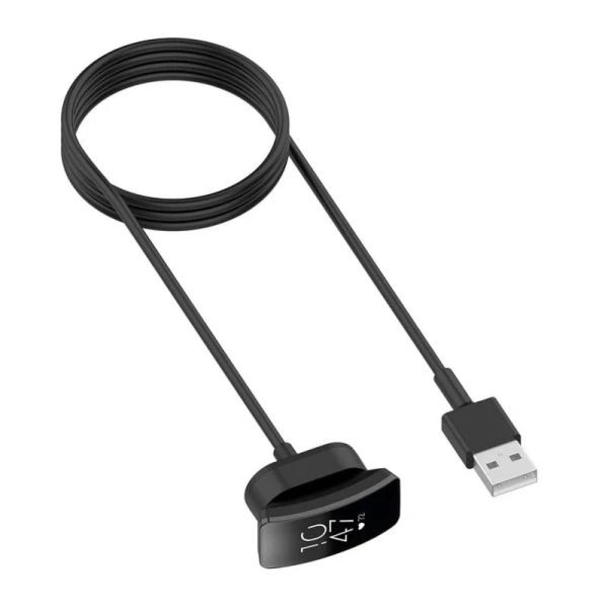 Schwarzes Fitness-Tracker-Ladegerät mit Display 10:41 und USB-Kabel.