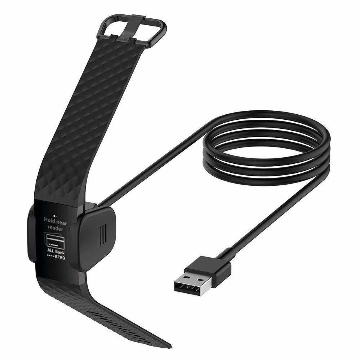 Schwarzer Fitnesstracker mit angeschlossenem USB-Kabel. Text: Halten Sie es an den Leser. Auch J&L Bank.