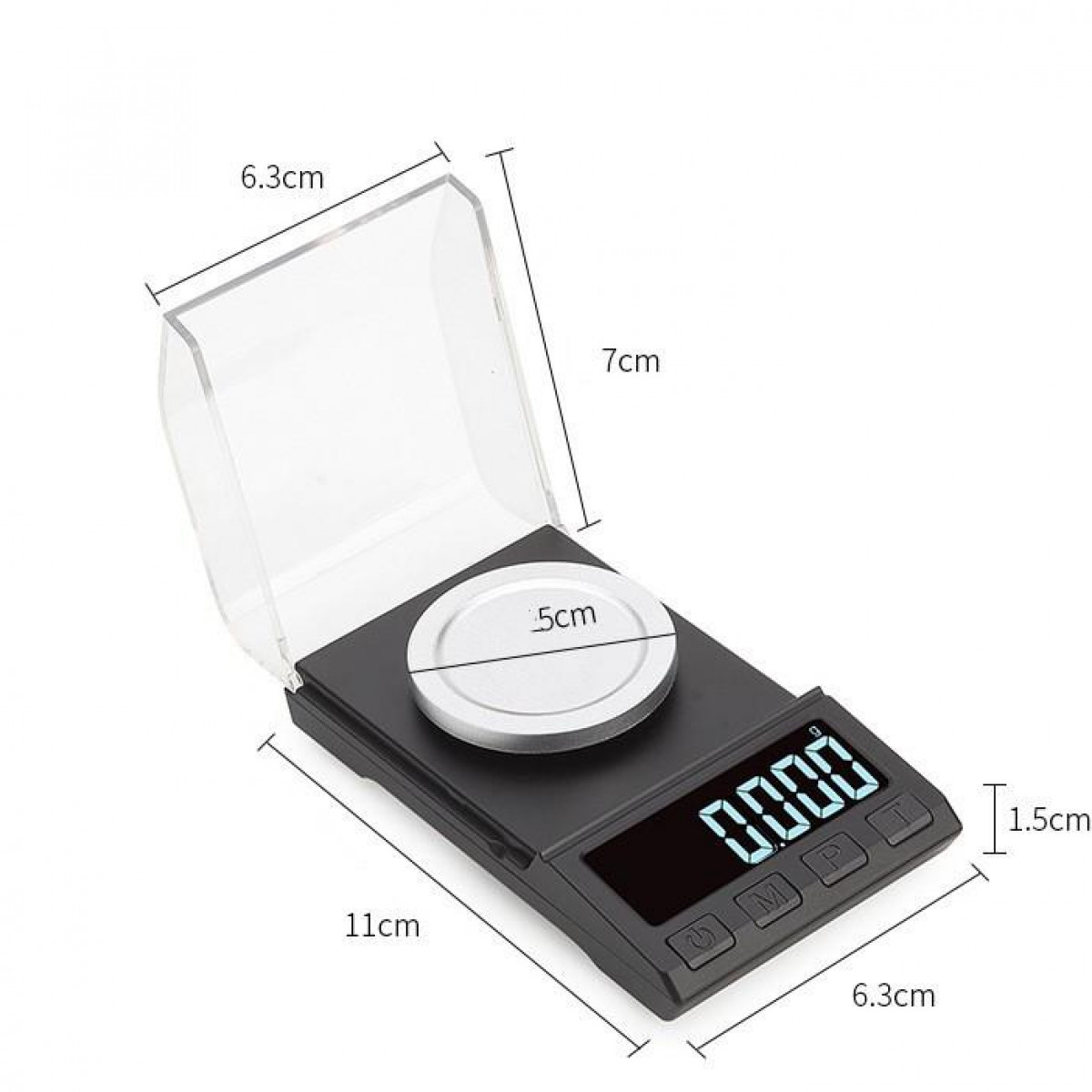 Waga cyfrowa z przezroczystą pokrywą. Jest czarna z cyfrowym wyświetlaczem. Podano wymiary.