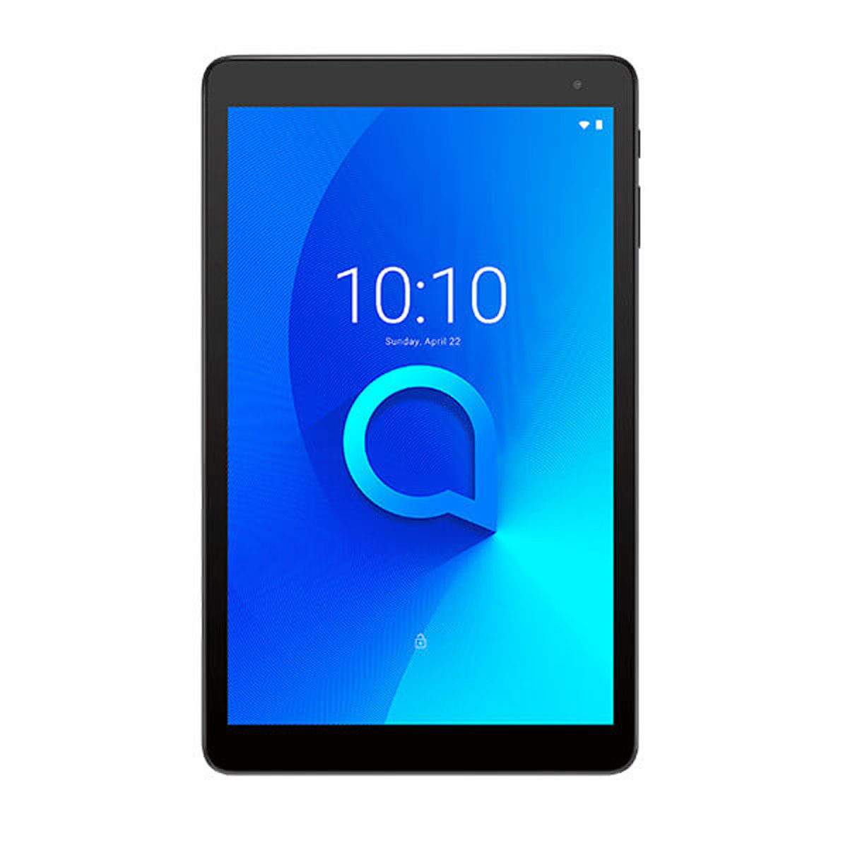 Tablet Alcatel nero con schermo blu che mostra l'ora e il logo Alcatel.