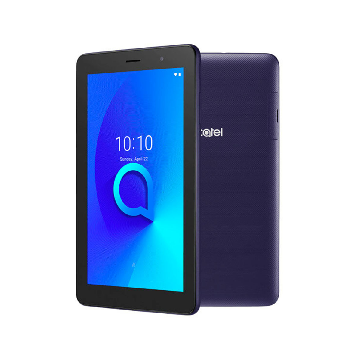 Un tablet blu con uno schermo che mostra l'ora, in piedi.