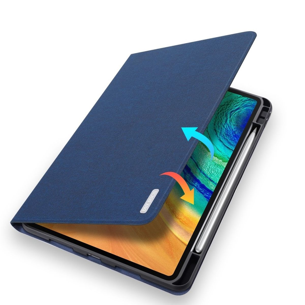 Blaue Tablethülle, geöffnet, mit Stift und Tablet darin.