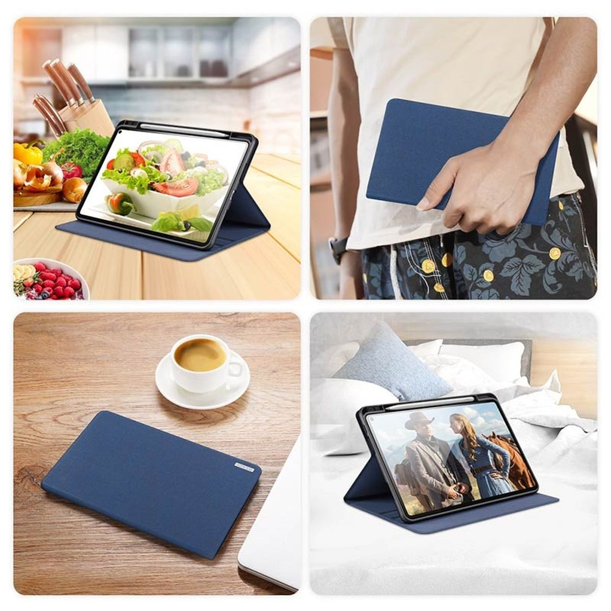 Vier Fotos. Tablet in blauem Gehäuse. Eines zeigt Salat, ein anderes eine Person, die es hält.