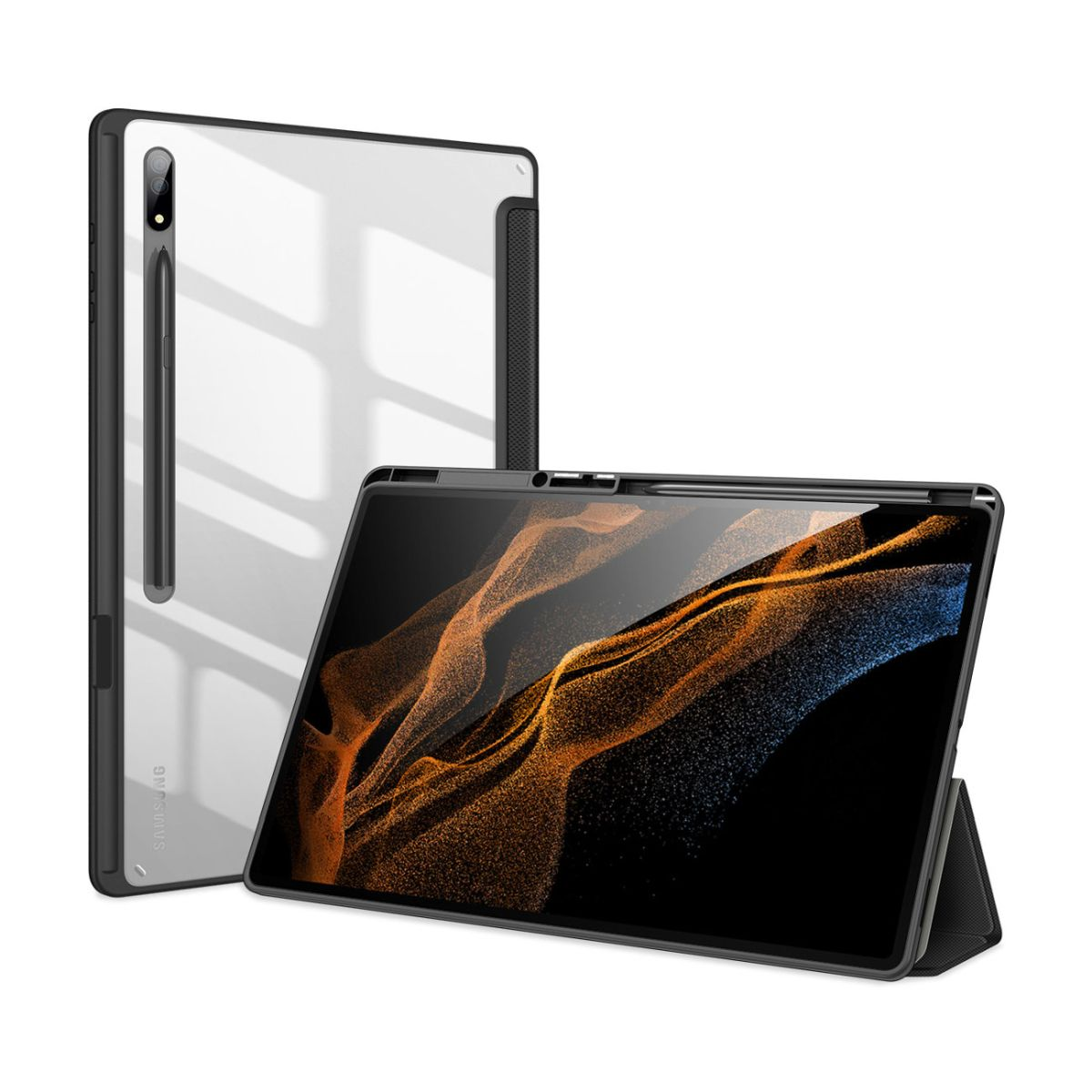 Ein Tablet mit Hülle, das Tablet steht auf dem Ständer.