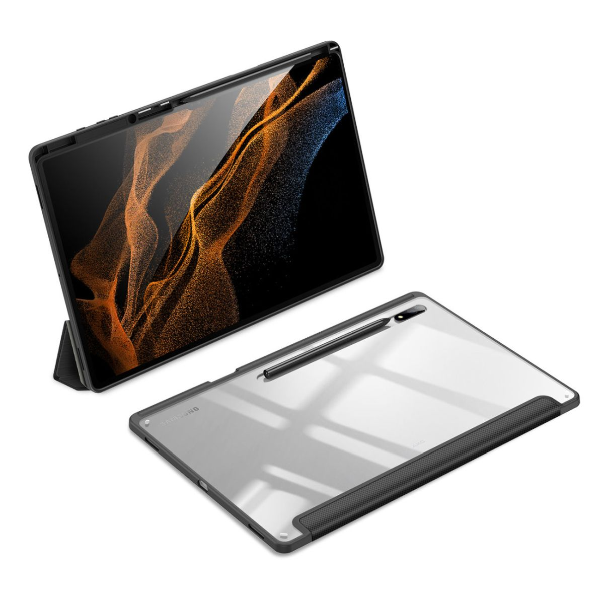 Schwarzes Tablet mit Hülle und Stift. Weißer Hintergrund.