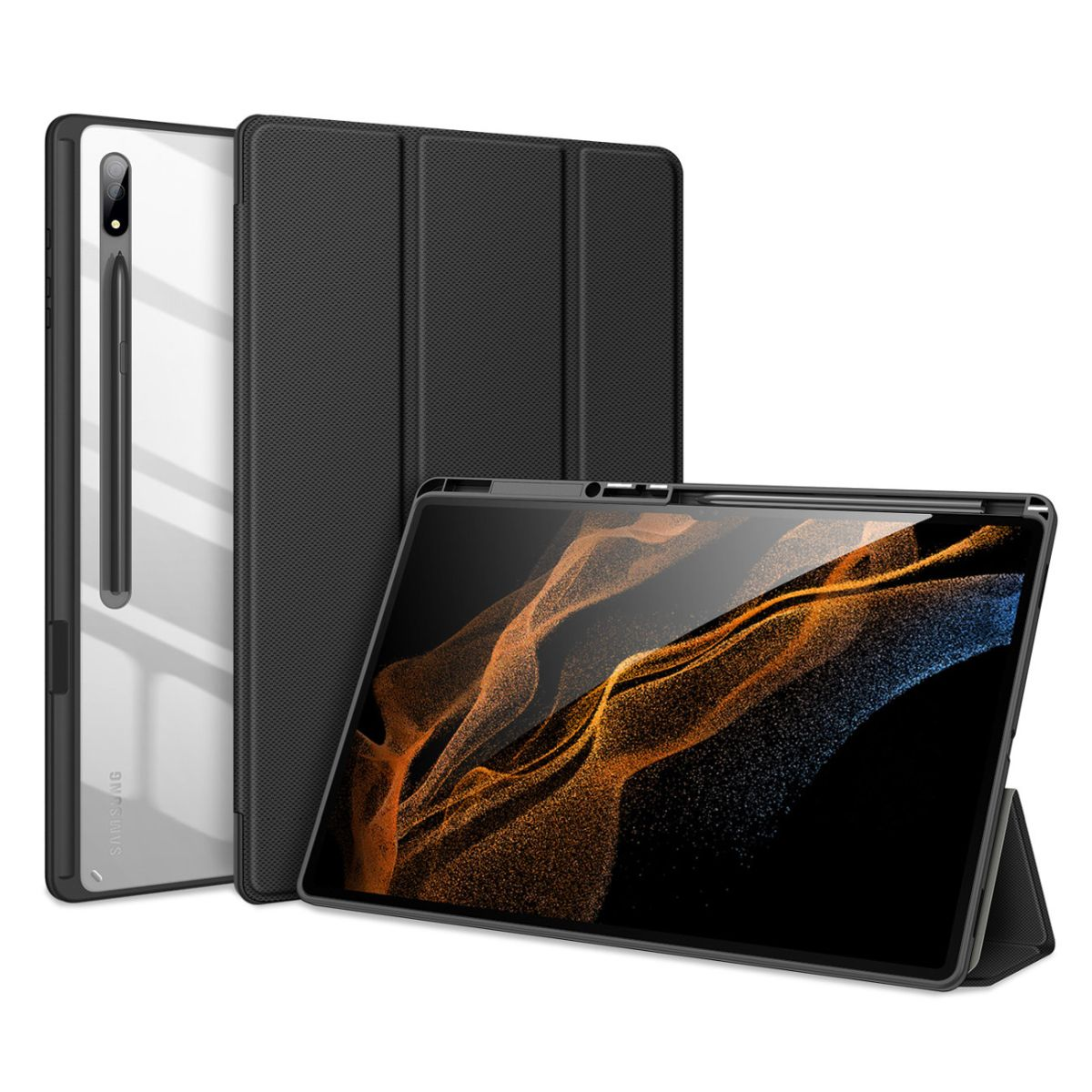 Ein schwarzes Tablet mit Stift und schwarzer Hülle. Das Tablet steht auf einem Ständer. Der Hintergrund ist weiß.