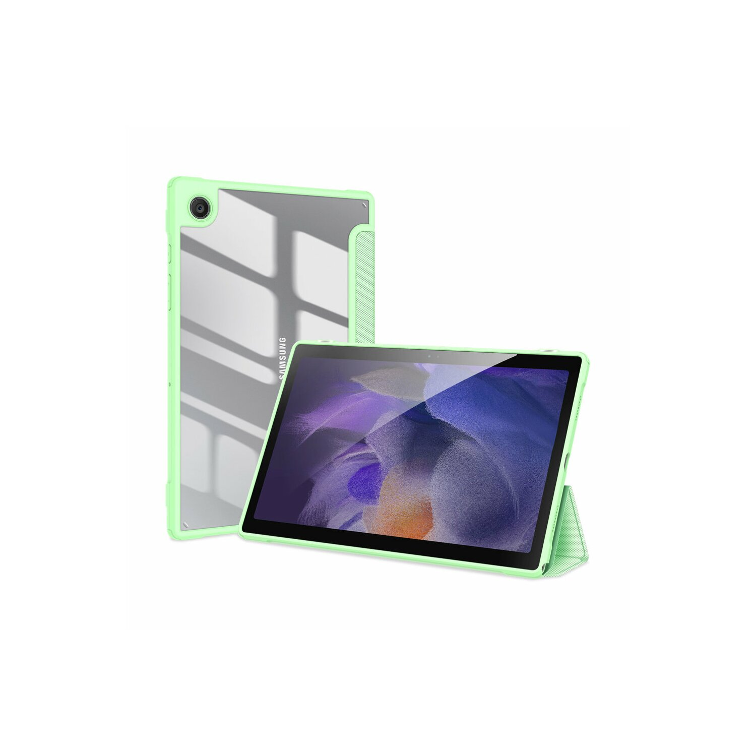 Ein Tablet in einer mintgrünen Hülle. Eine andere Hülle befindet sich dahinter. Weißer Hintergrund.