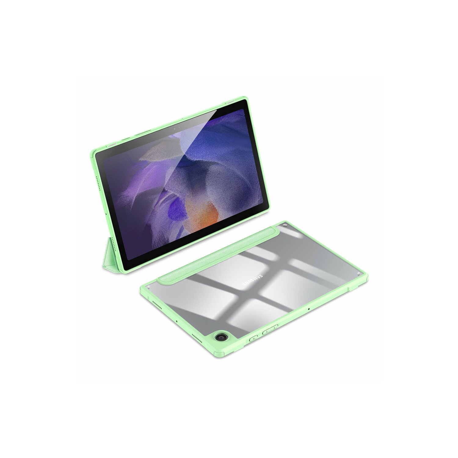 Tablet in grünem Gehäuse. Tablet wird im Gehäuse angezeigt und das Gehäuse ist geöffnet.