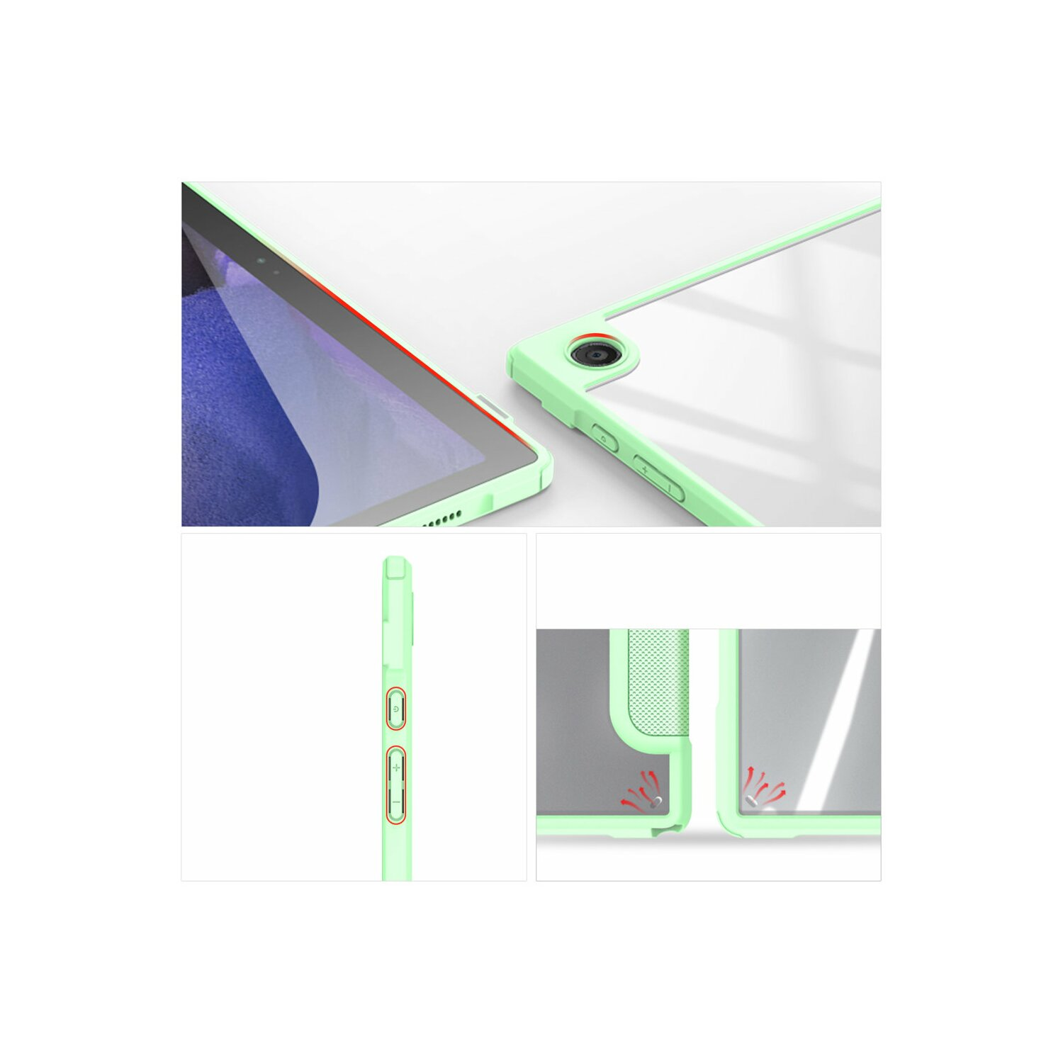 Eine mintgrüne Tablet-Hülle mit transparentem Rücken und Seitendetails, Nahaufnahmen.