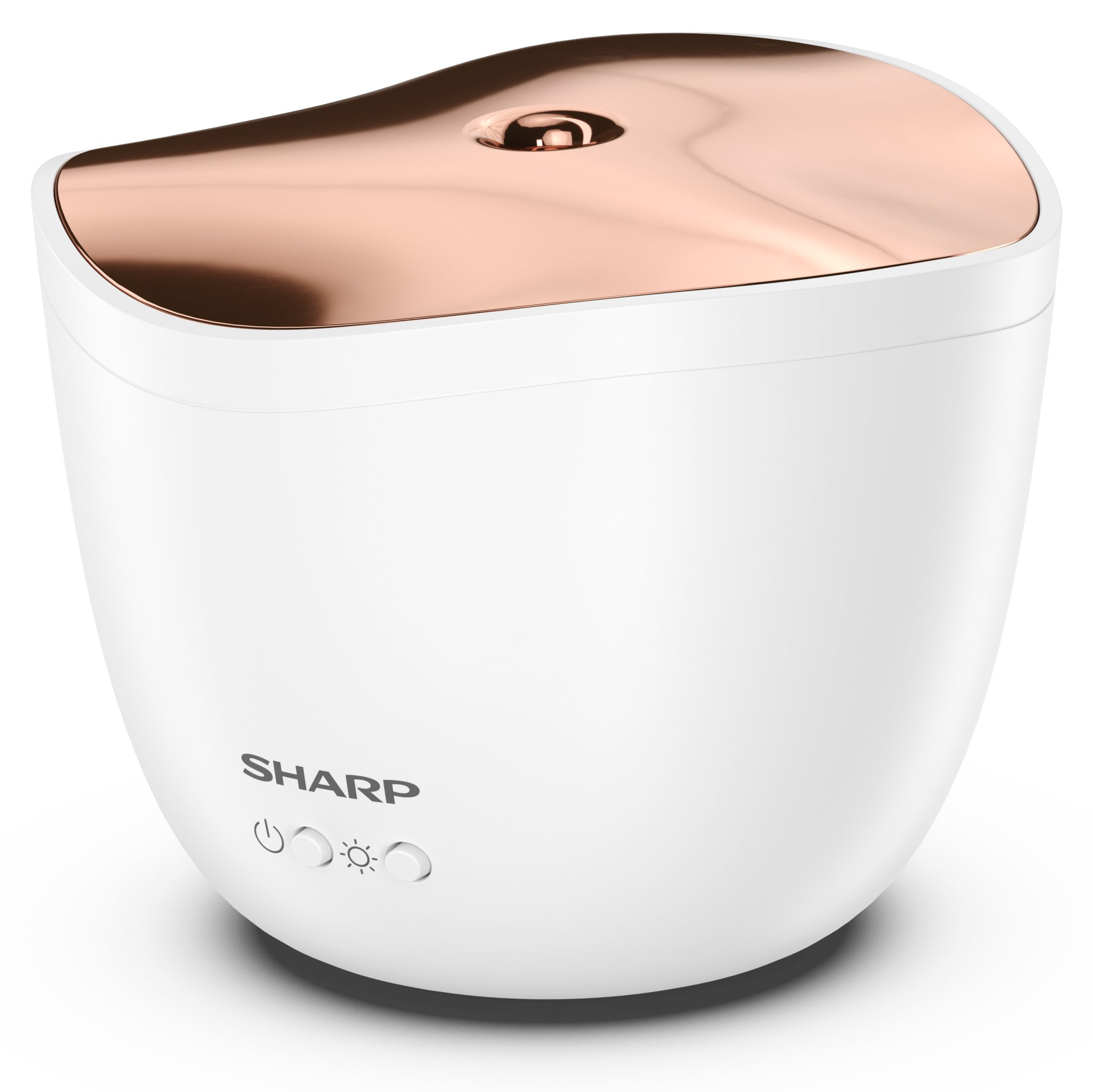Difusor de aceites esenciales blanco y oro rosa con tres botones de control.