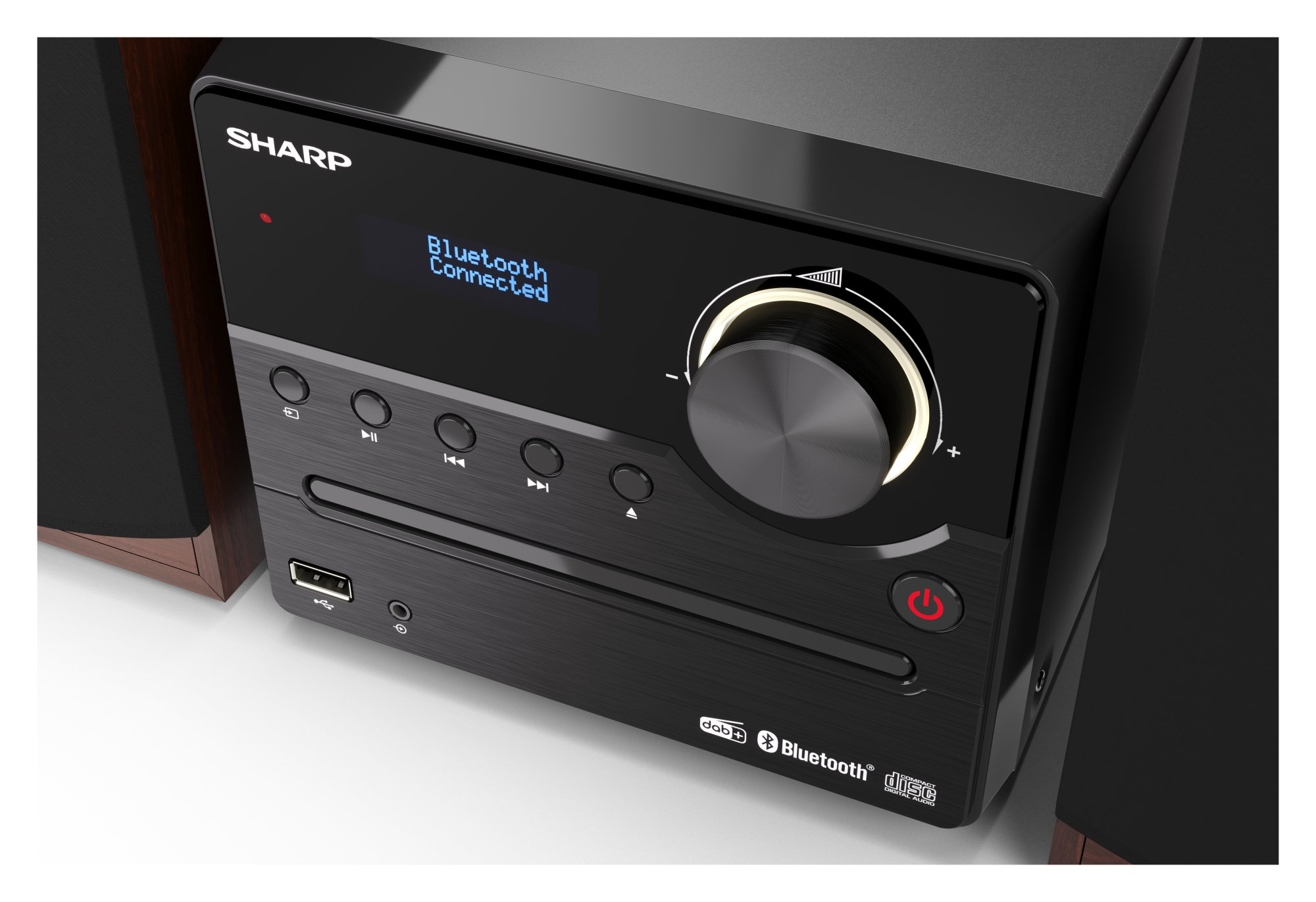 Schwarze Mini-Stereoanlage mit Display, das Bluetooth Connected anzeigt.