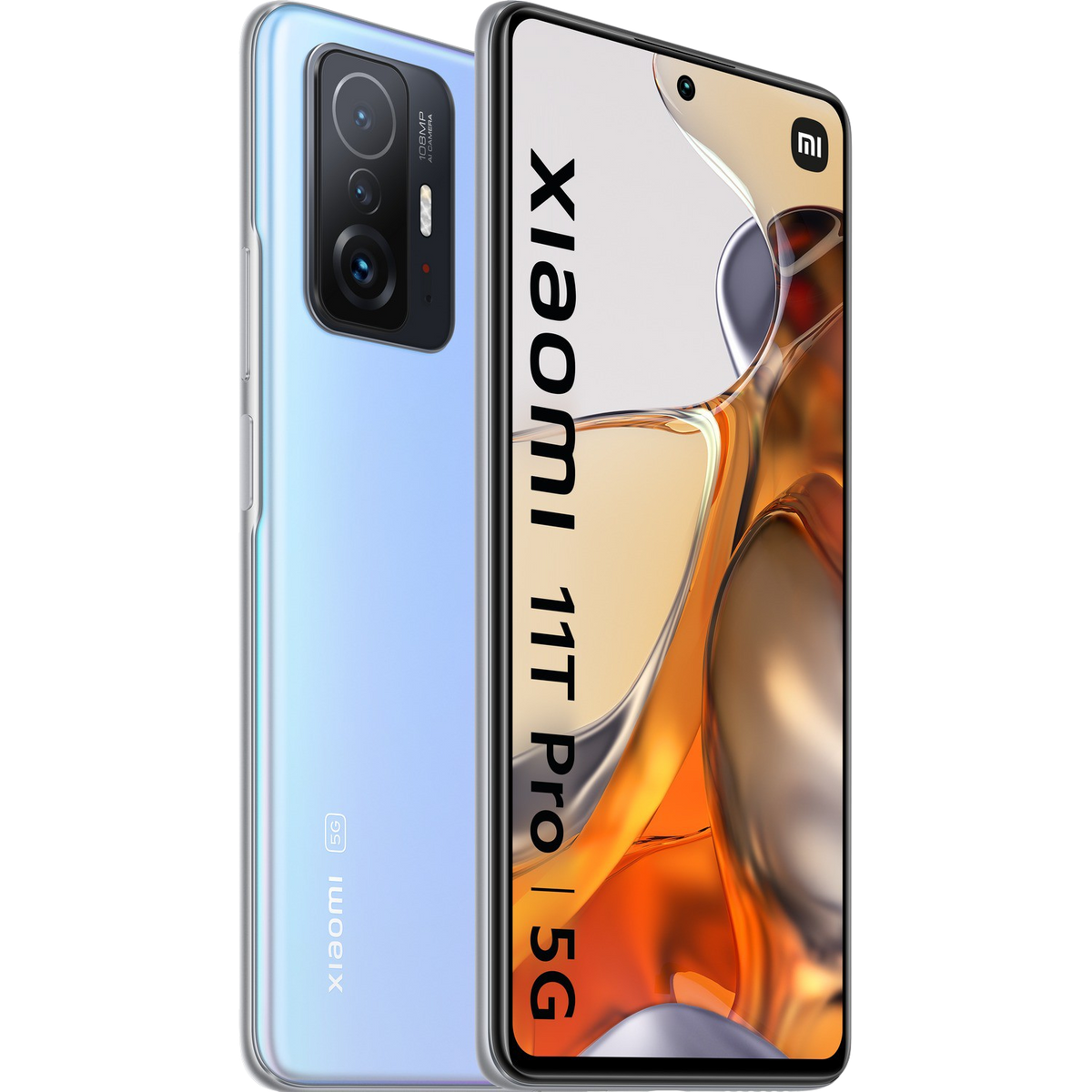 Telefon Xiaomi 11T Pro 5G w kolorze jasnoniebieskim. Telefon pokazuje godzinę. Dwa aparaty z tyłu.