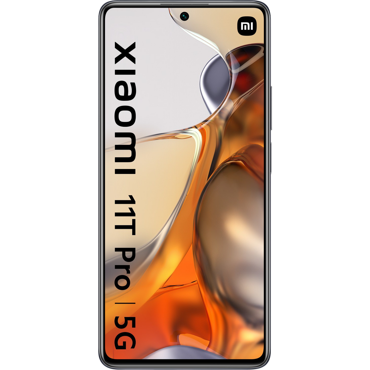 Czarny smartfon Xiaomi 11T pro 5G z dużym ekranem, ustawiony pionowo, na ciemnym tle.