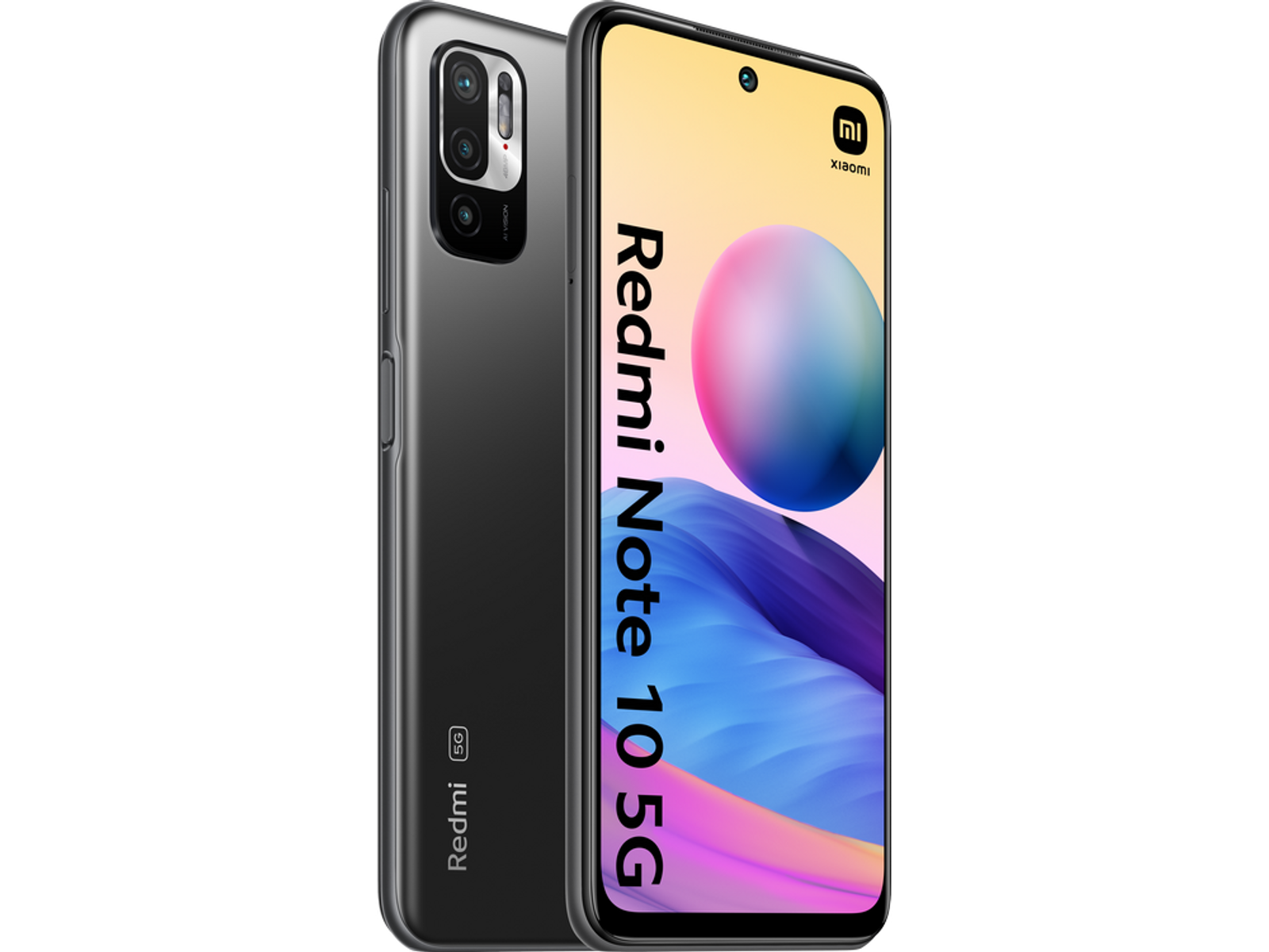 Czarny i szary smartfon Redmi Note 10 5G, z ekranem pokazującym interfejs, na białym tle.