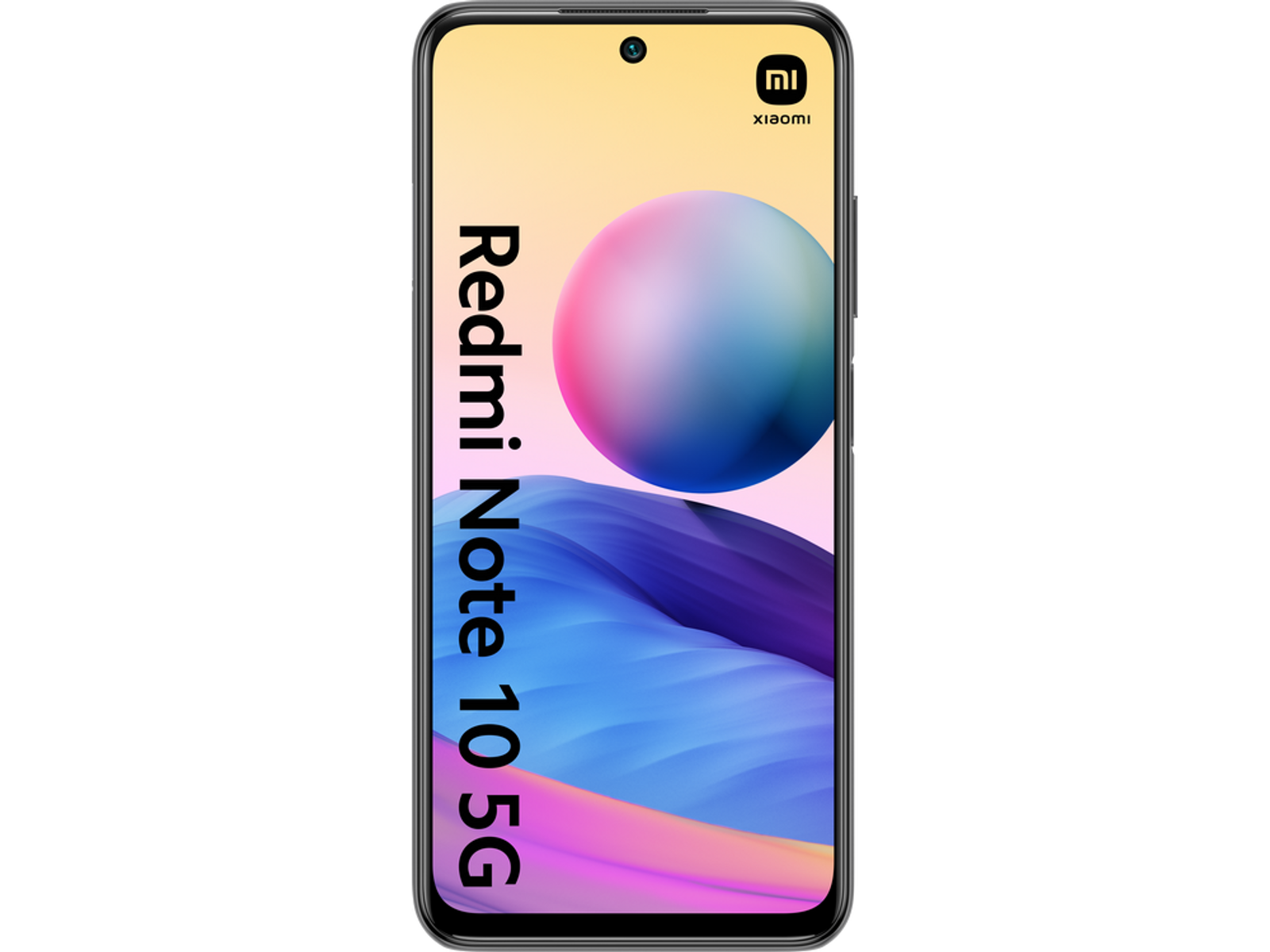 Telefon Xiaomi Redmi Note 10 5G. Różowe i niebieskie abstrakcyjne tło na ekranie.