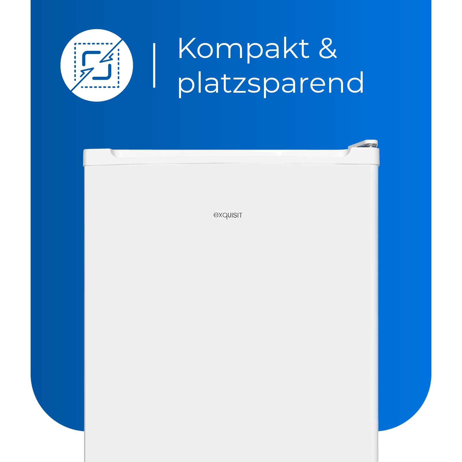 Weißer Kühlschrank mit blauem Hintergrund und Text mit der Aufschrift "Kompakt & platzsparend".