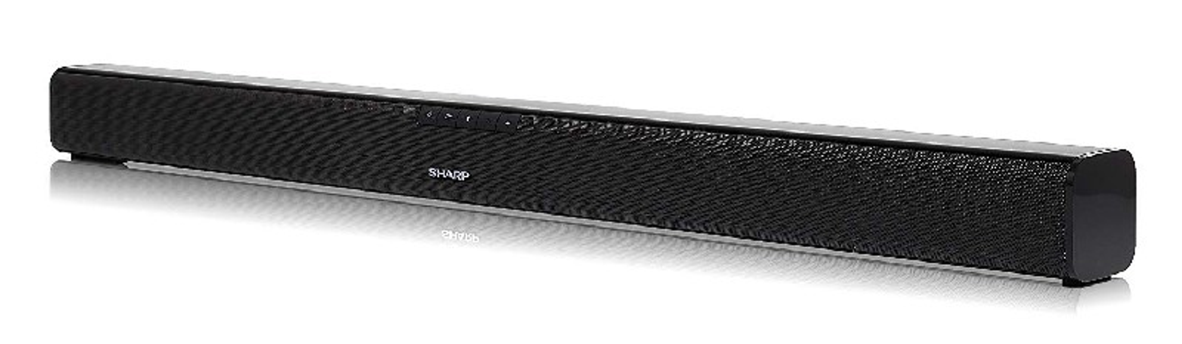 Czarny soundbar z marką Sharp na białym tle.