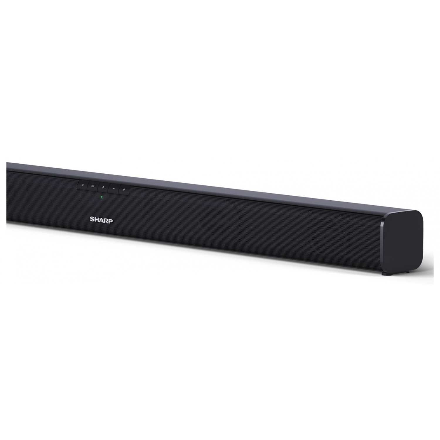 Czarny soundbar z marką SHARP. Ma siatkową przednią część i przyciski.
