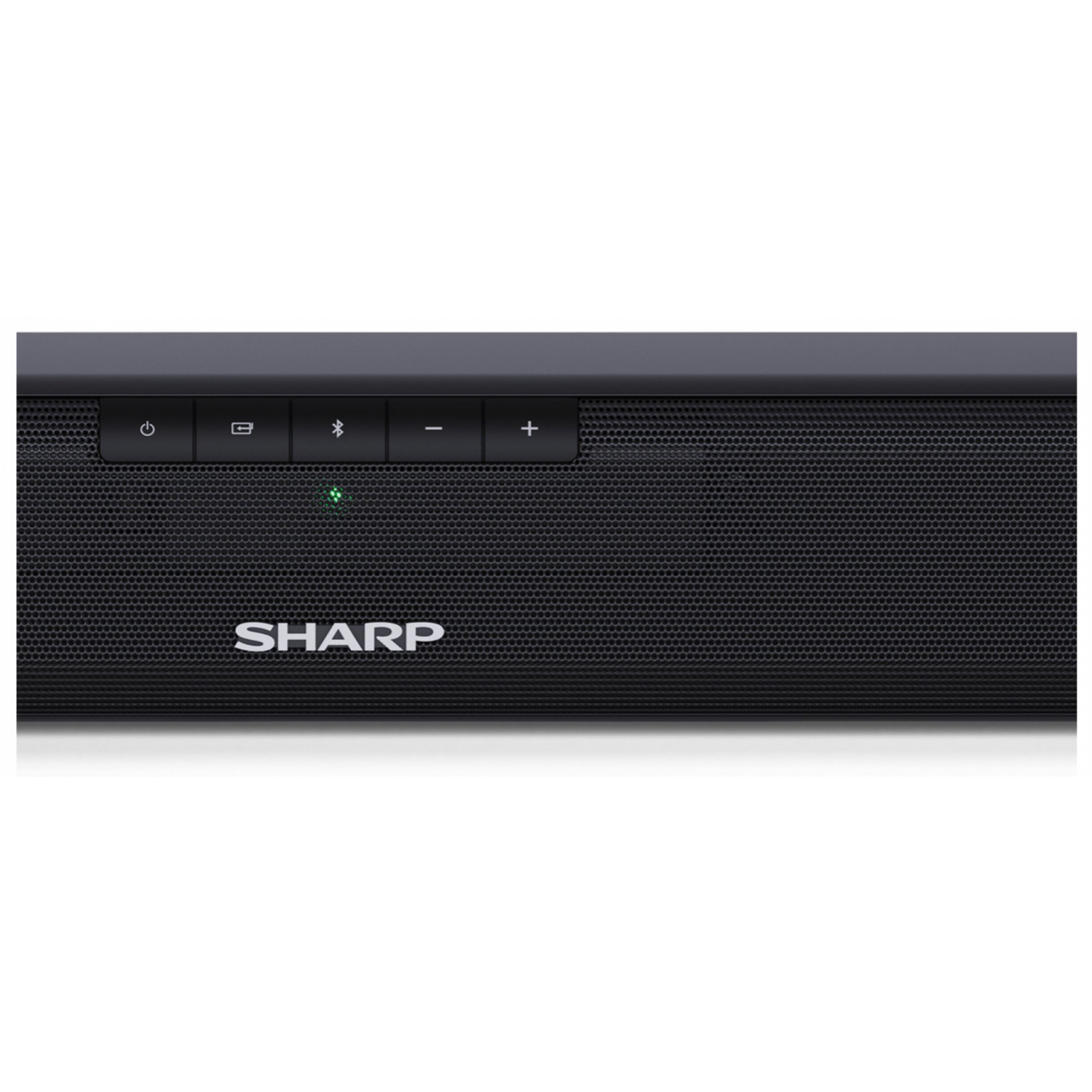 Czarny soundbar z logo Sharp, przyciskami zasilania i głośności. Głośnik ma siatkowy przód.