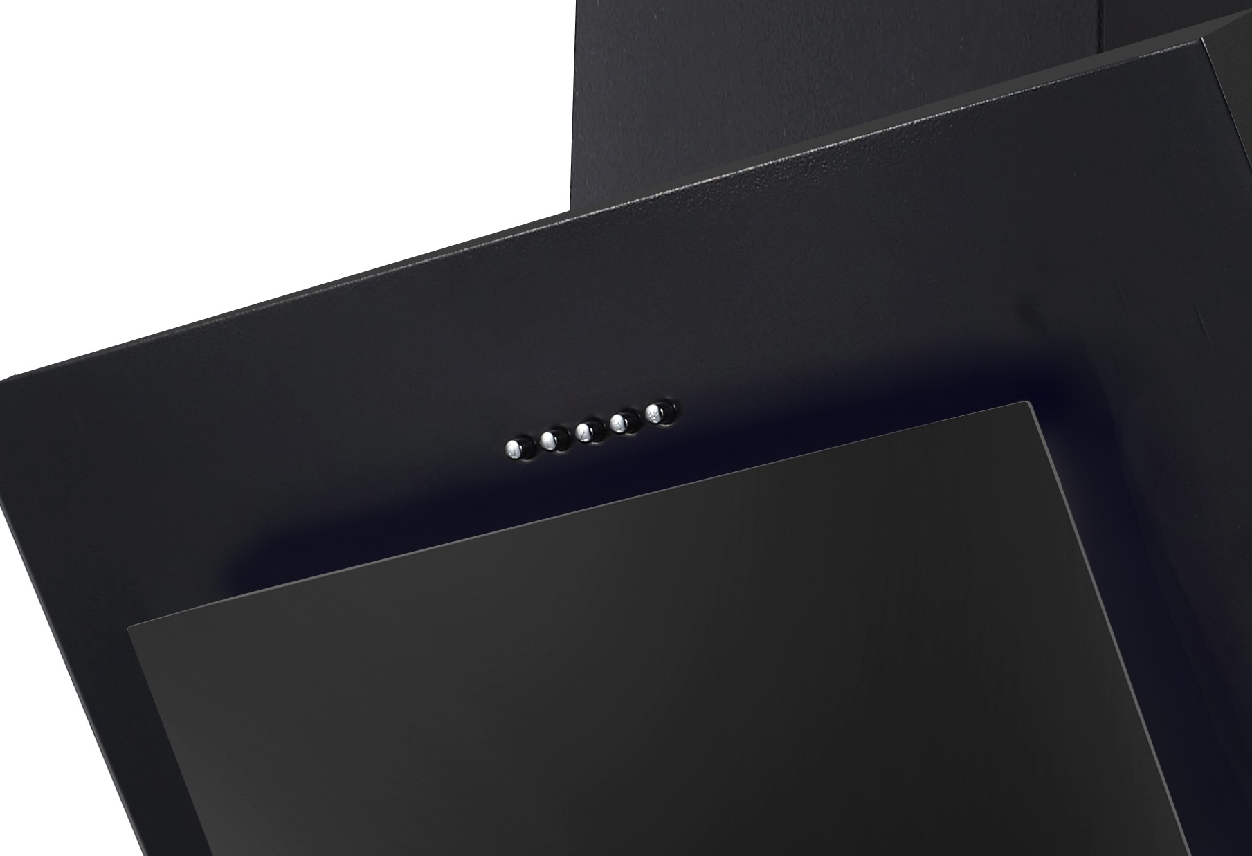 Schwarze Dunstabzugshaube. Sie hat eine flache Oberfläche mit Lichtern und einen schwarzen Hintergrund. Das Design ist elegant.