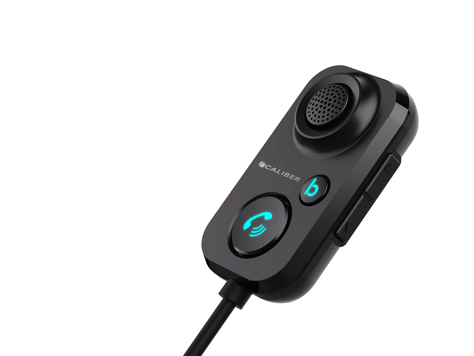 Schwarzes Bluetooth-Autoradio mit Knopf, Lautsprecher und Telefonsymbol auf Schwarz.
