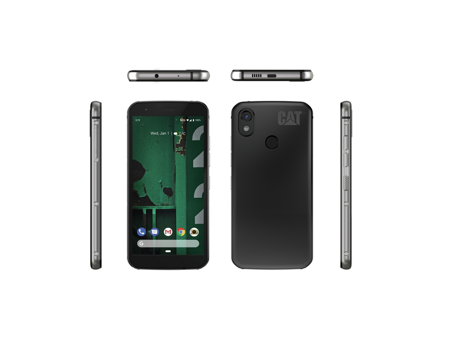 Czarny telefon CAT, widoki z przodu, z tyłu, z góry i z boku. Wyświetlacz włączony, pokazujący datę. Czarna ramka, szare akcenty.