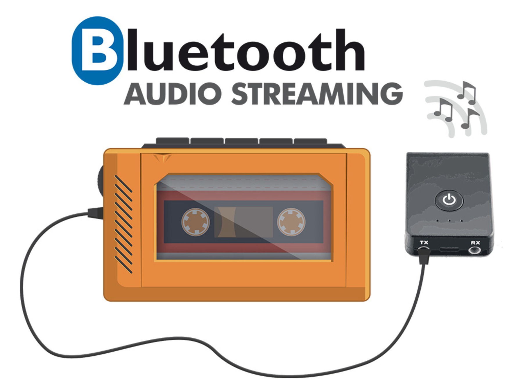 Oranger Kassettenrekorder im Retro-Stil, verbunden mit einem Bluetooth-Empfänger.