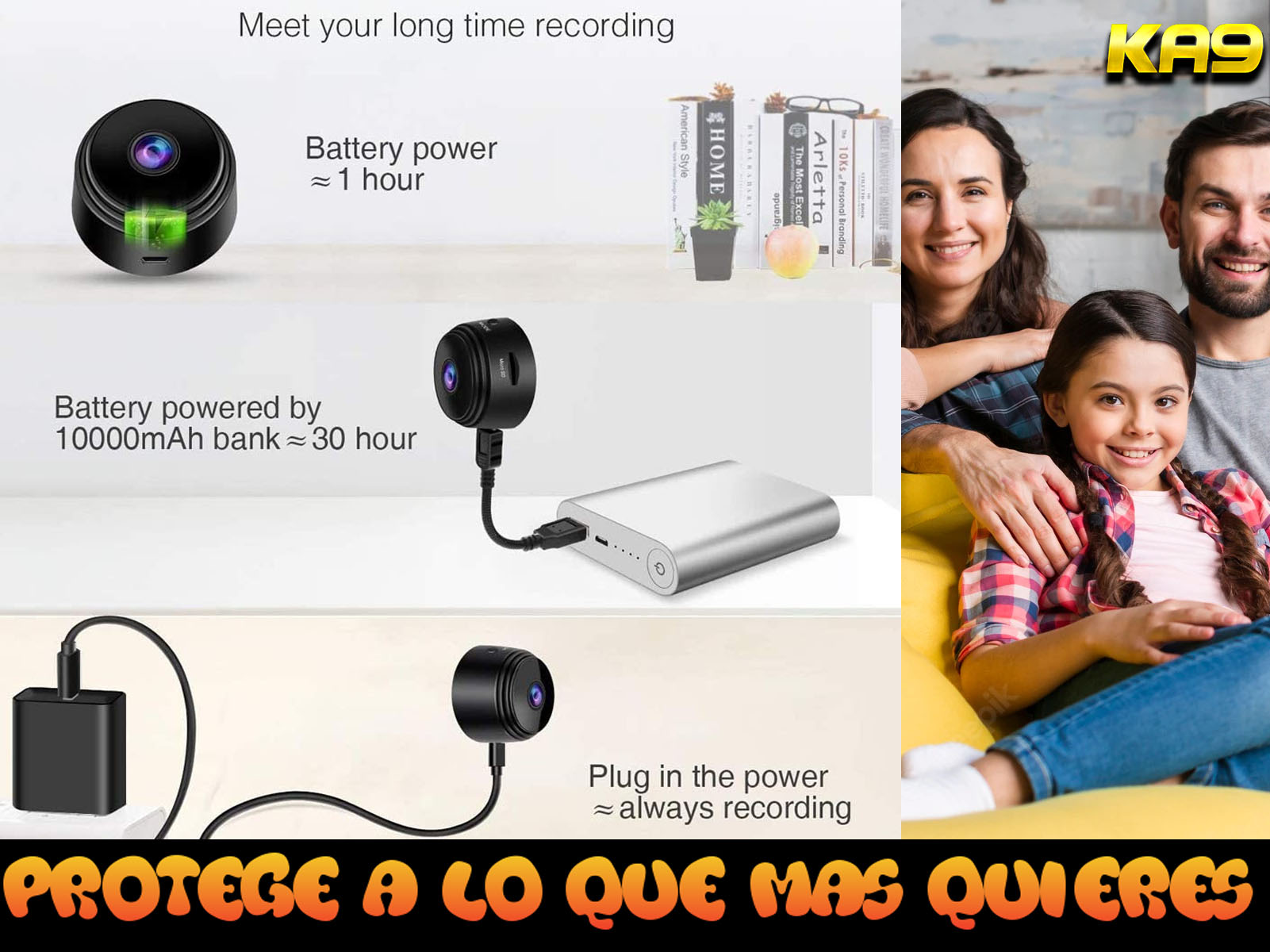 Mini cámara, banco de energía y familia con texto sobre grabación y protección de seres queridos.