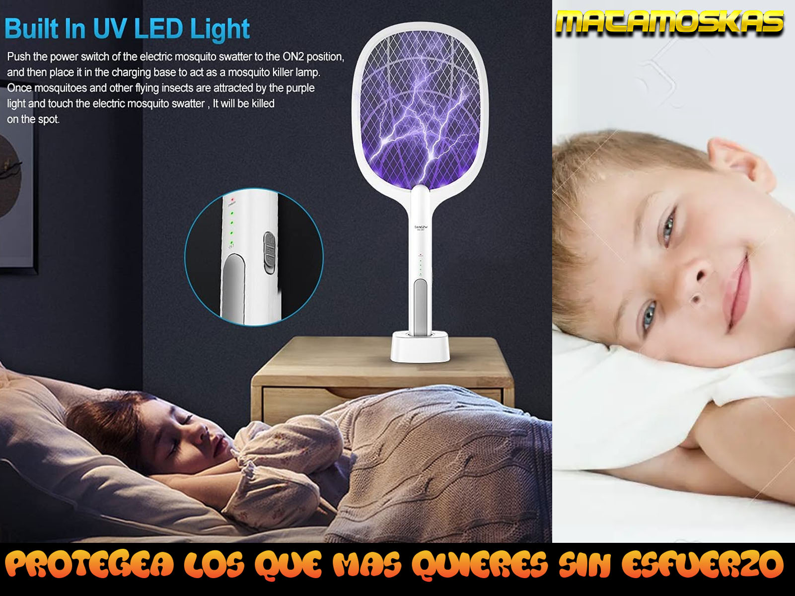 Un matamoscas y un niño durmiendo en la cama. Texto: Protege a los que amas sin esfuerzo.