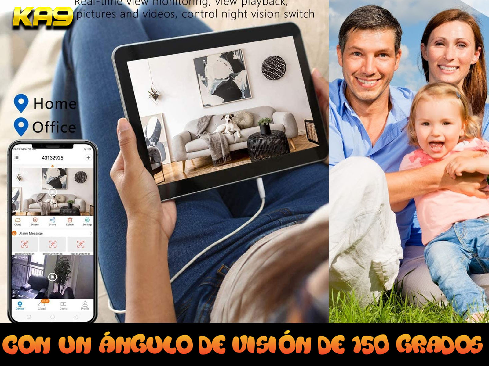 Tableta mostrando vistas de casa y oficina, retrato familiar e interfaz de la app de cámara.