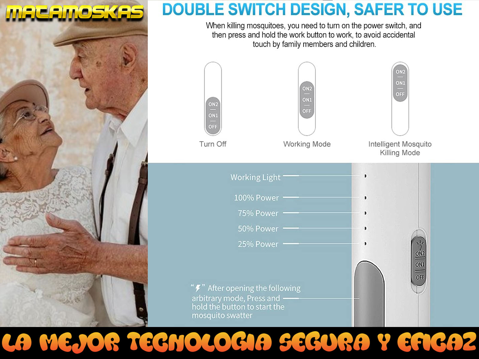 Una pareja de ancianos, con texto en español sobre fondo blanco, incluyendo diagramas de interruptores y niveles de potencia.