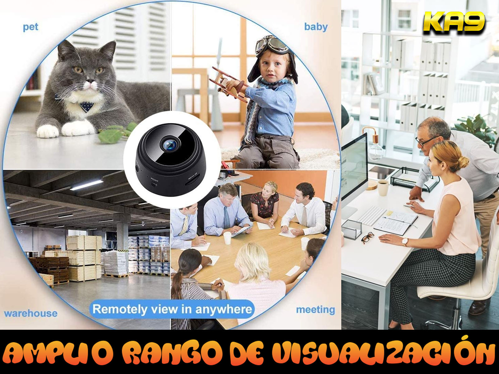 Una cámara de seguridad rodeada de imágenes de un gato, un bebé, un almacén, una reunión, con texto.