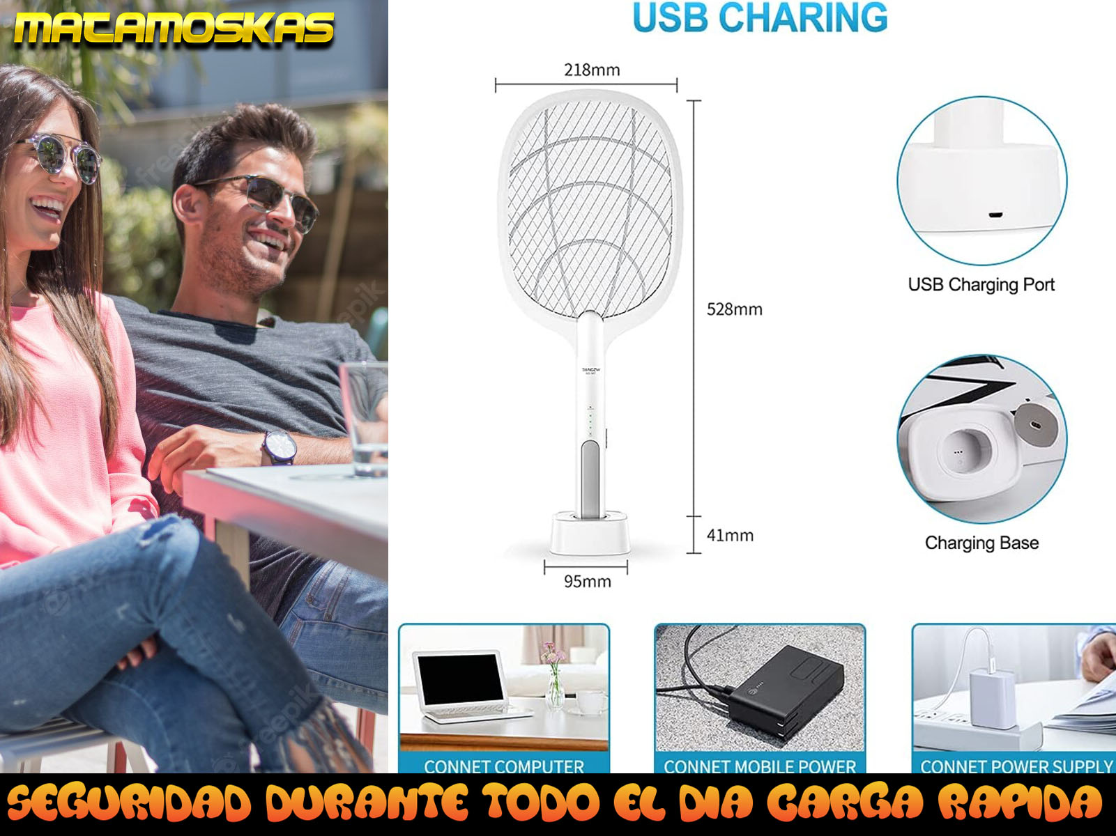 Anuncio de una raqueta con hombre y mujer, y diagramas del producto.