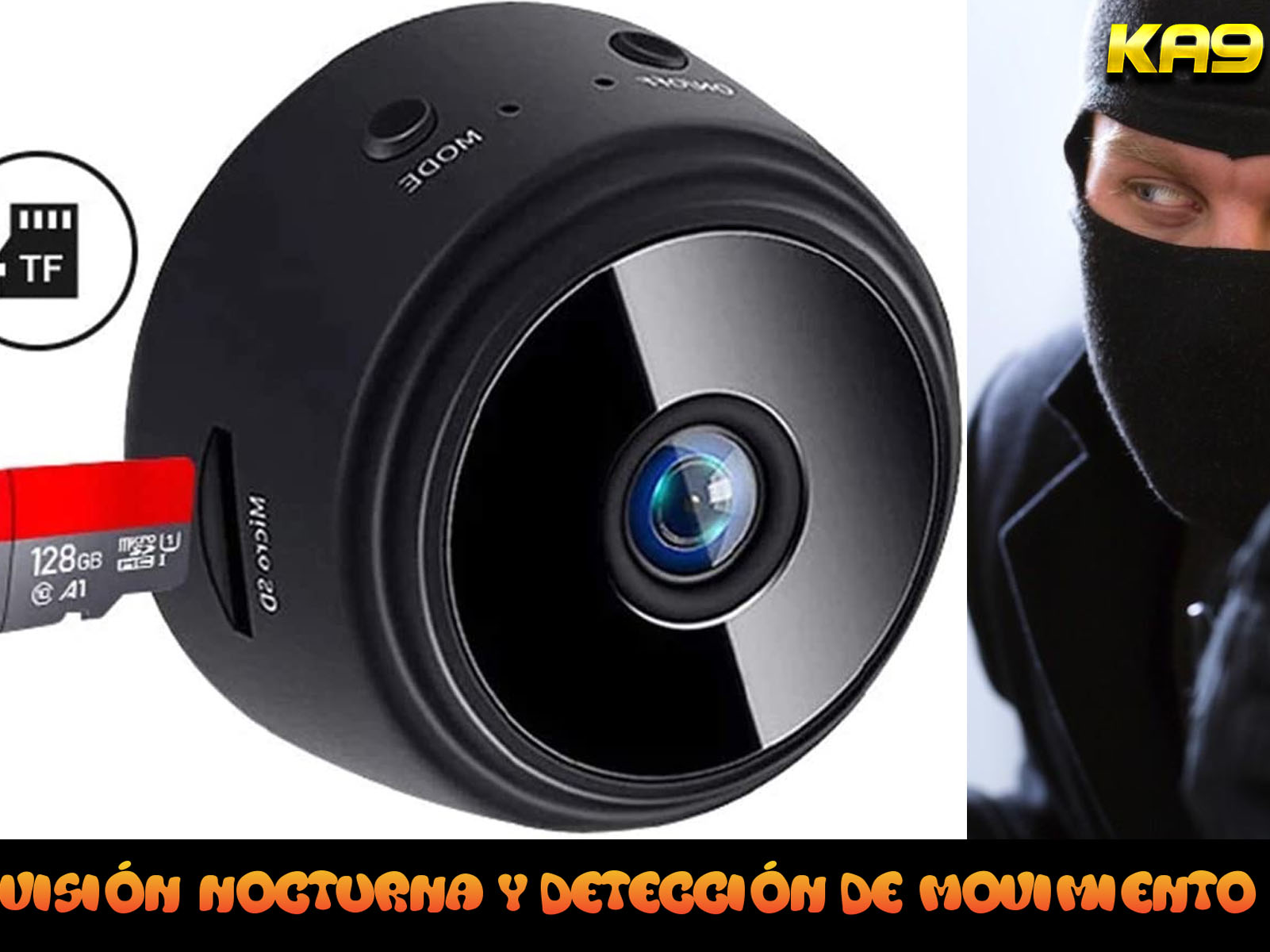 Cámara de seguridad negra con tarjeta micro SD y persona enmascarada.