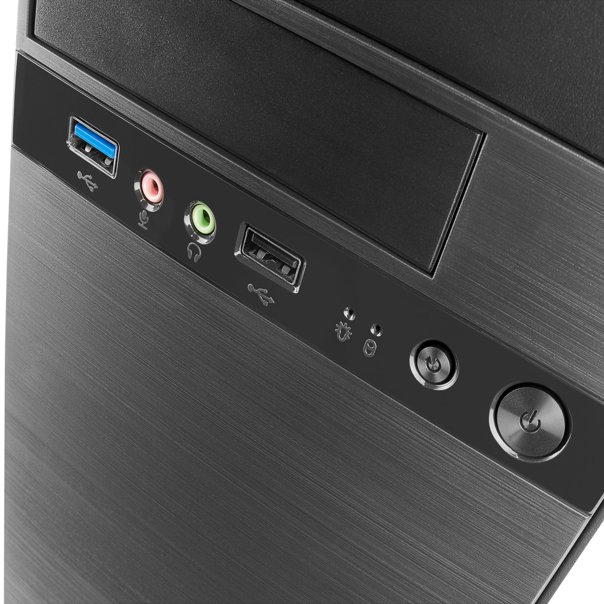 Primo piano di un case di computer con porte USB, jack audio e pulsante di accensione.