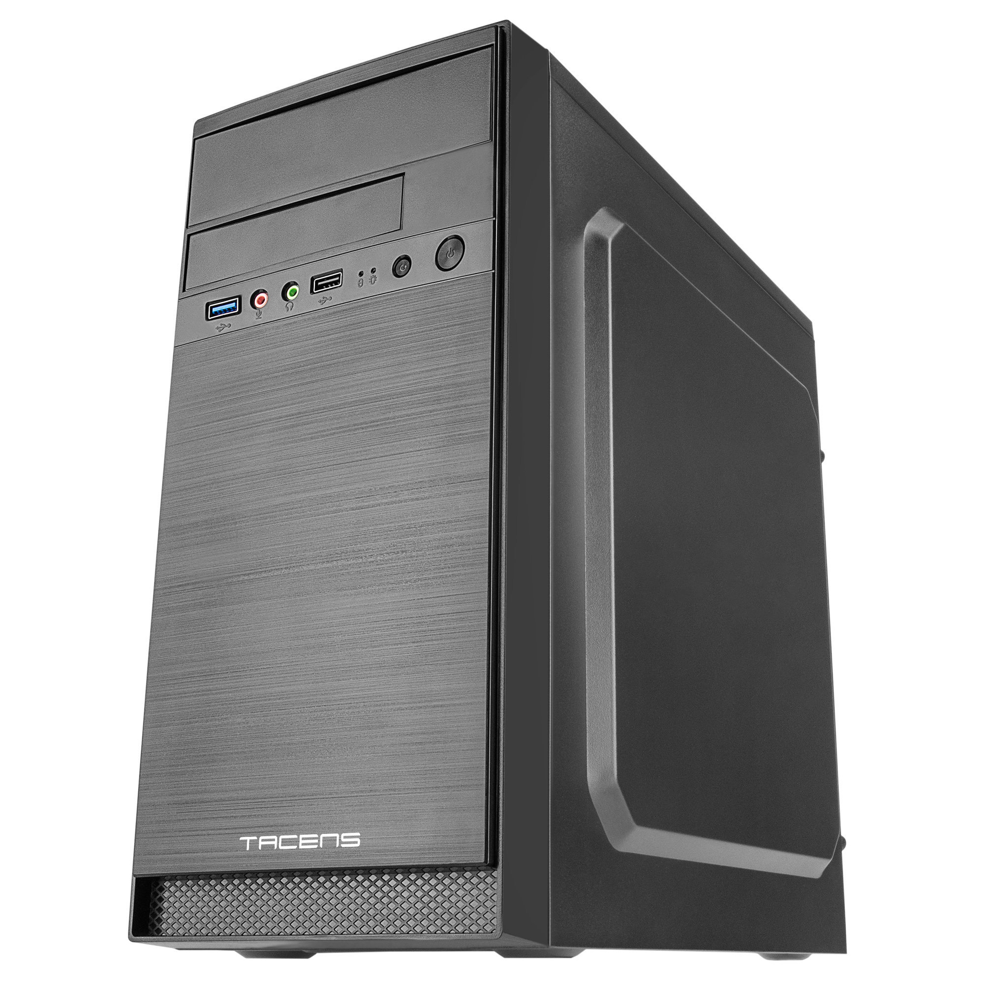 Case per computer nero con pannello frontale argentato e pulsante di accensione.