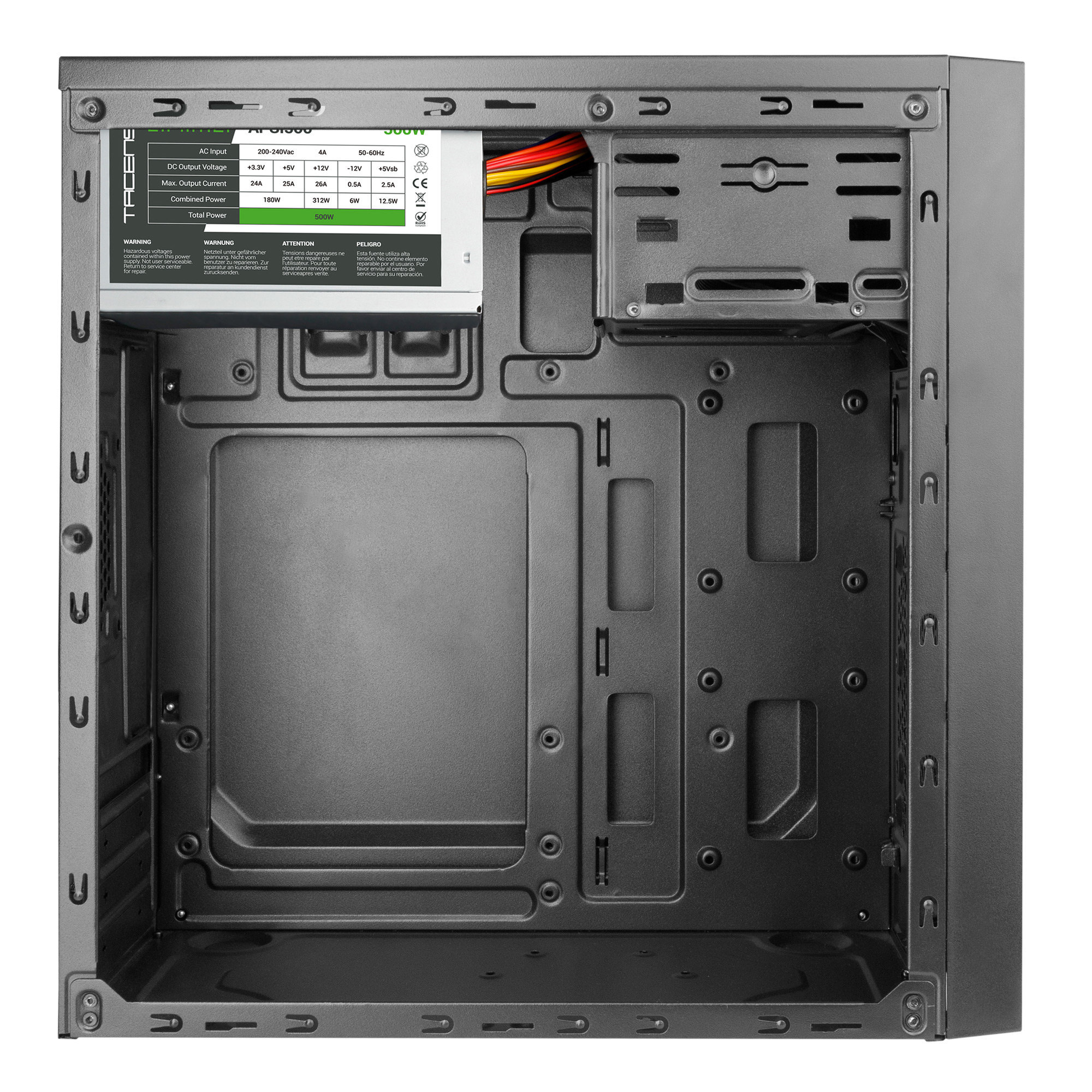 Interno di un case per computer, che mostra l'alimentatore e altri componenti.