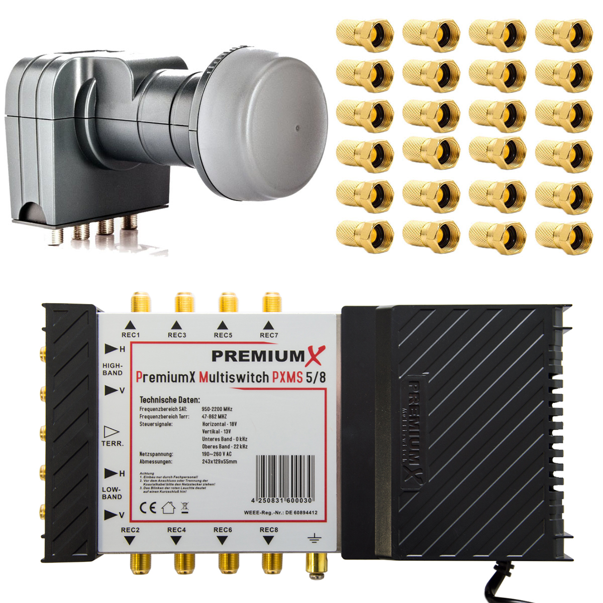 5/8 LNB PREMIUMX mit Netzteil Multischalter PXMS Switch Quattro 407 Sat-Multischalter