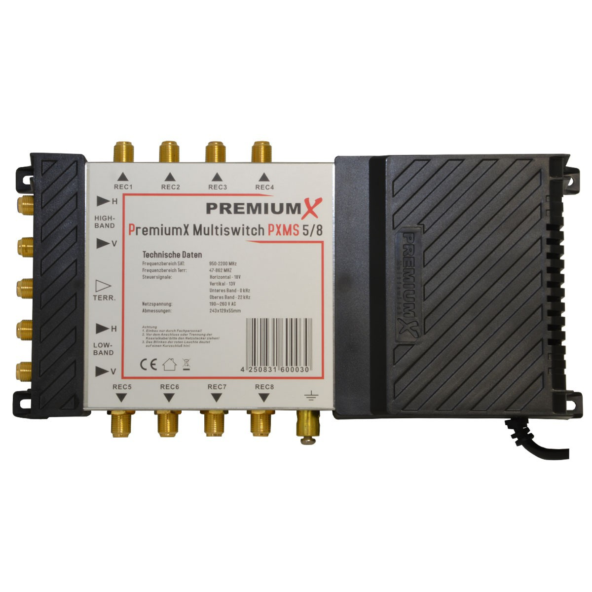 PremiumX Multiswitch PXMS 5/8. Ein Gerät mit mehreren Ein- und Ausgängen und technischen Daten.