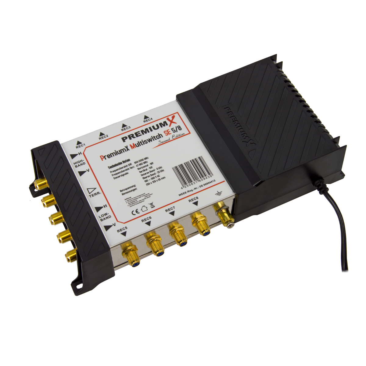 Premiumx Multiswitch SC 5/8, ein schwarz-weißes Gerät mit Anschlüssen und schwarzer Abdeckung.
