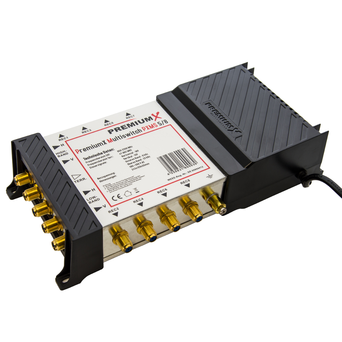 PremiumX Multiswitch PXMS 5/8, schwarzes und silbernes Gerät mit Anschlüssen, auf weißer Oberfläche, Nahaufnahme.