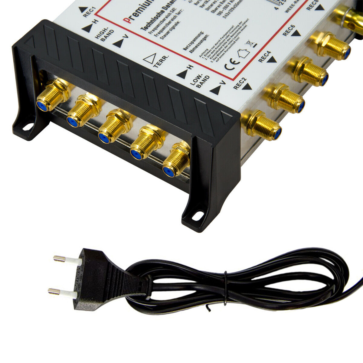 Schwarzes, silbernes und goldenes elektronisches Gerät mit Anschlüssen und einem Netzkabel.