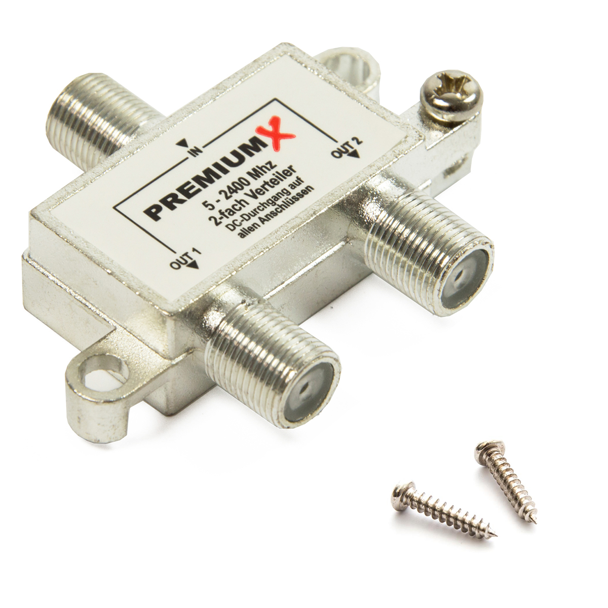 Silberner Splitter mit drei Anschlüssen und zwei Schrauben.