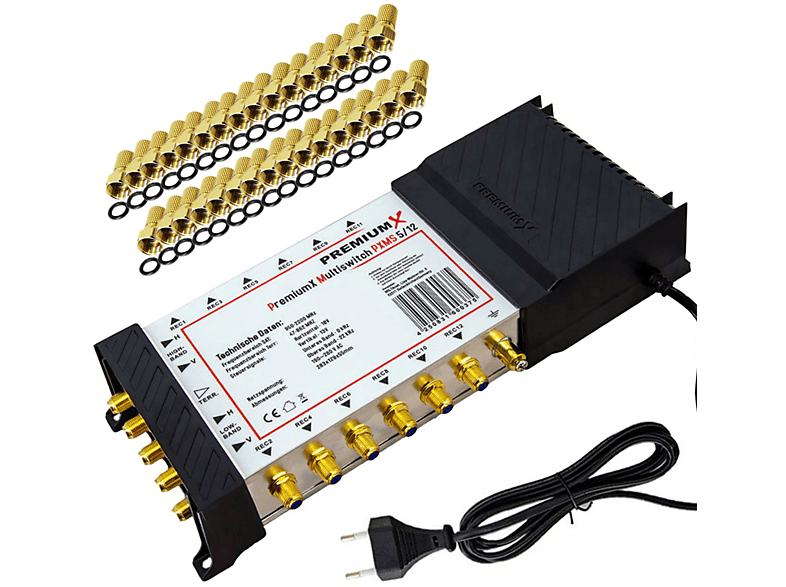 PREMIUMX Multischalter Set 5/12 Multiswitch SAT Verteiler 32x F-Stecker Sat-Multischalter | Adapter & Kabel