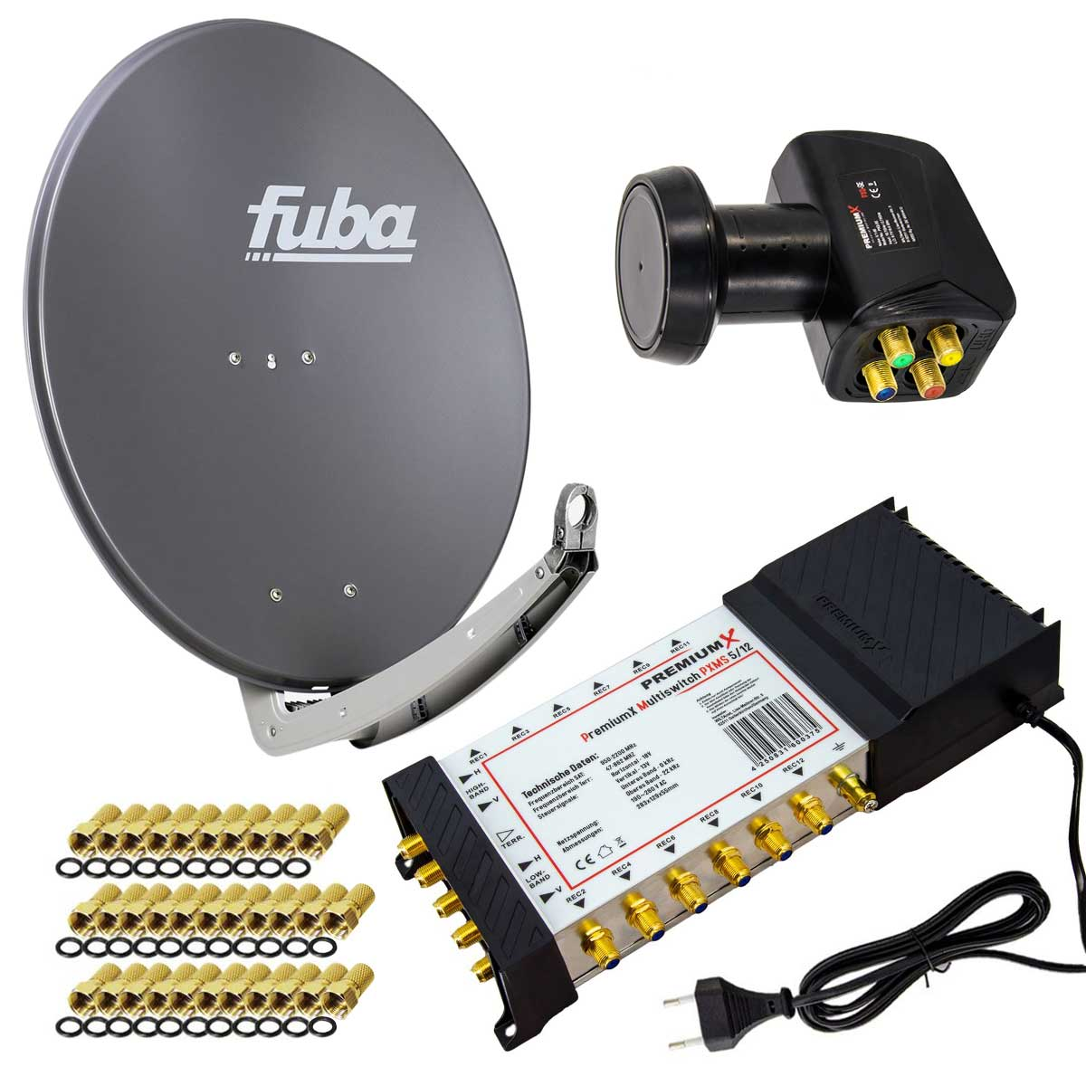 Satelliten-Equipment-Set: Schüssel, LNB, Multischalter, Anschlüsse und Netzadapter.