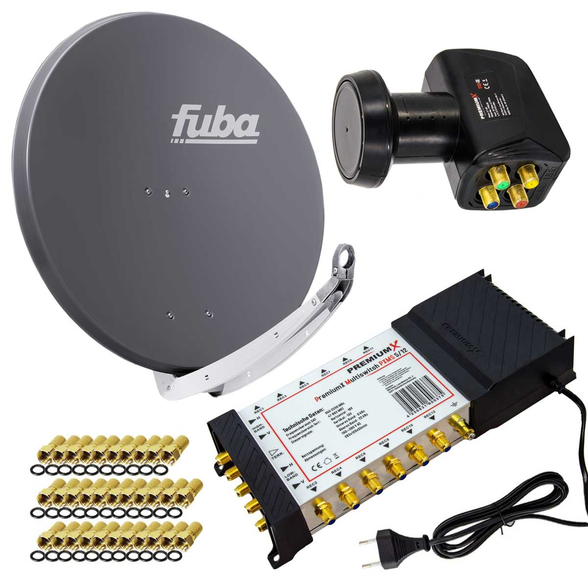 Satellitenschüssel mit Empfänger und Anschlüssen sowie einem PremiumX Multiswitch SE 5/12. Der Hintergrund ist weiß.