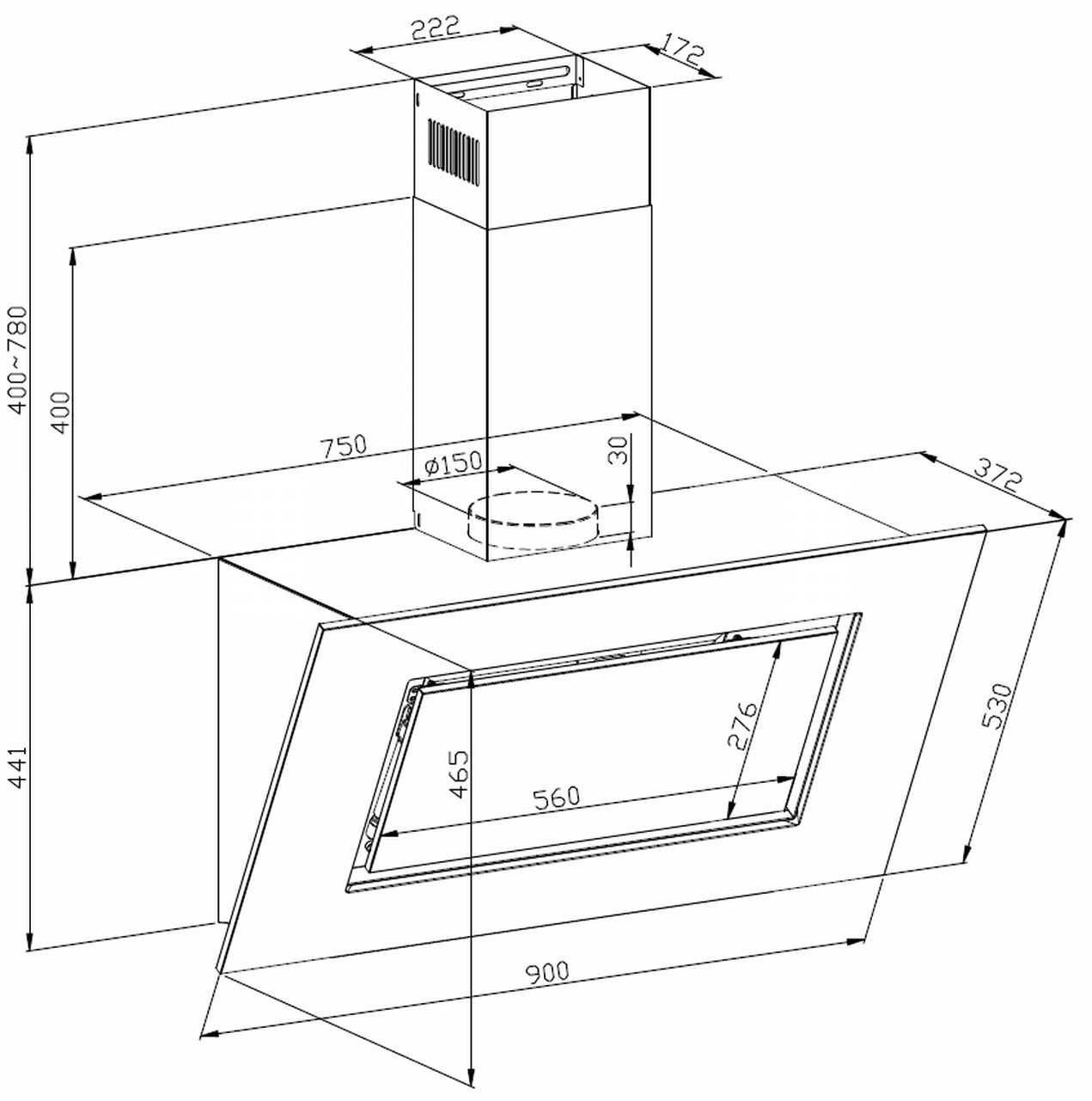 Technische Zeichnung einer Dunstabzugshaube mit Abmessungen in Millimetern. Weißer Hintergrund.