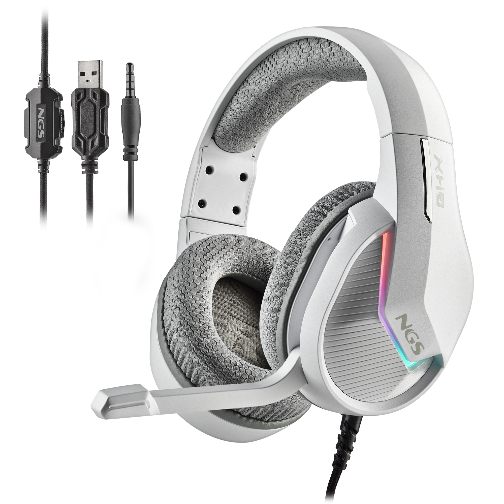 Ngs Ghx515 Auriculares gaming iluminacion led rgb diadema ajustable control de volumen y mute regulable compatible psxboxpc high performance lights headset circumaurales blanco juego us multiplataforma color