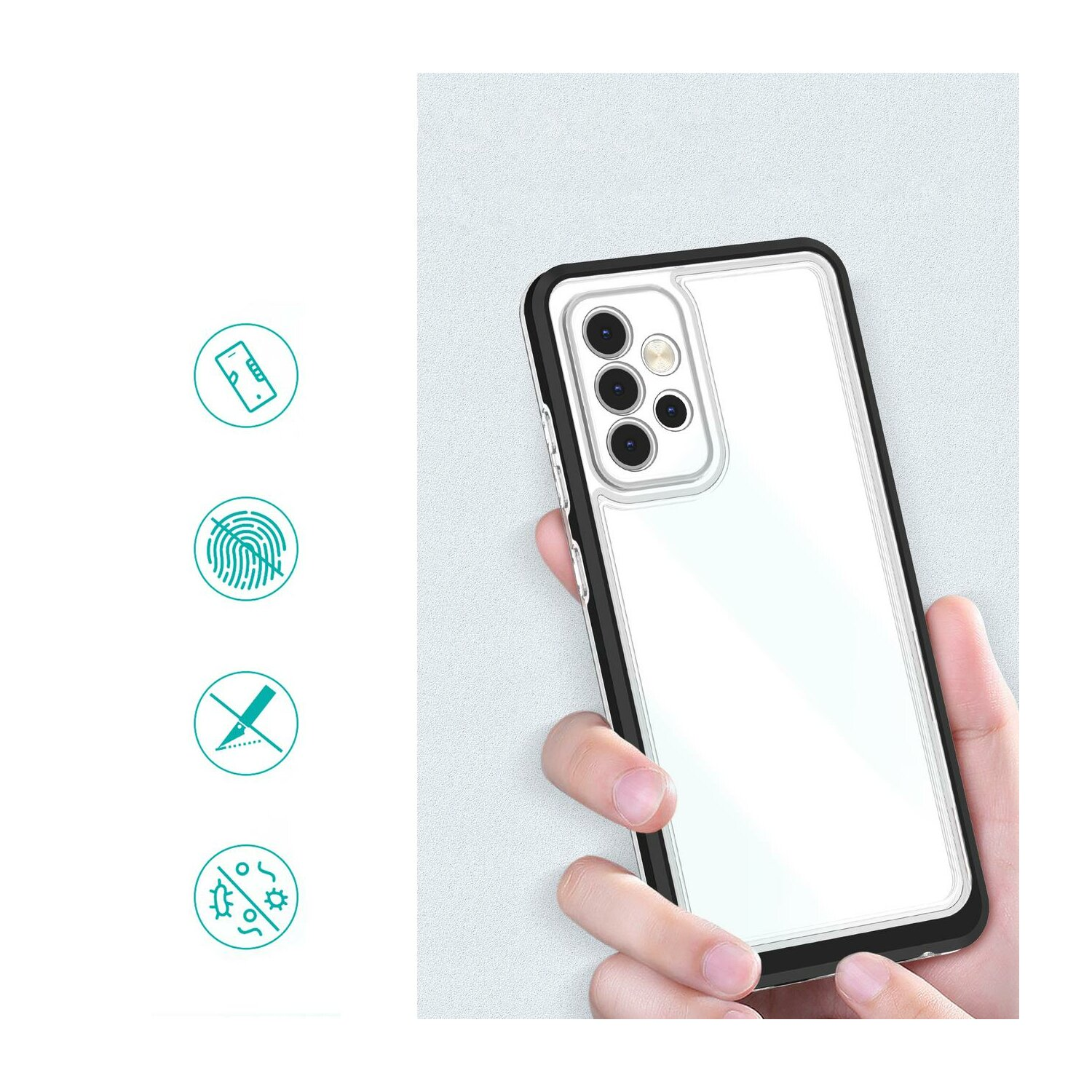 Una mano che tiene uno smartphone in una custodia trasparente con cornice nera.